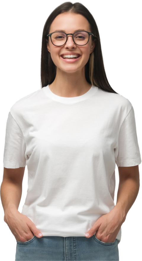chapman opticians a young woman looking happy wearing her new glasses after her eye test in Wednesbury